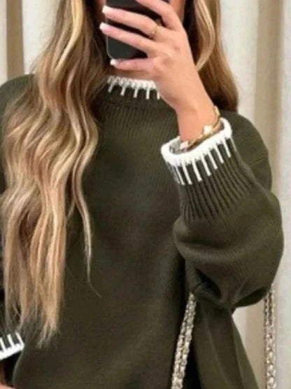 Contrast Trim Round Neck Top and Pants Sweater Set