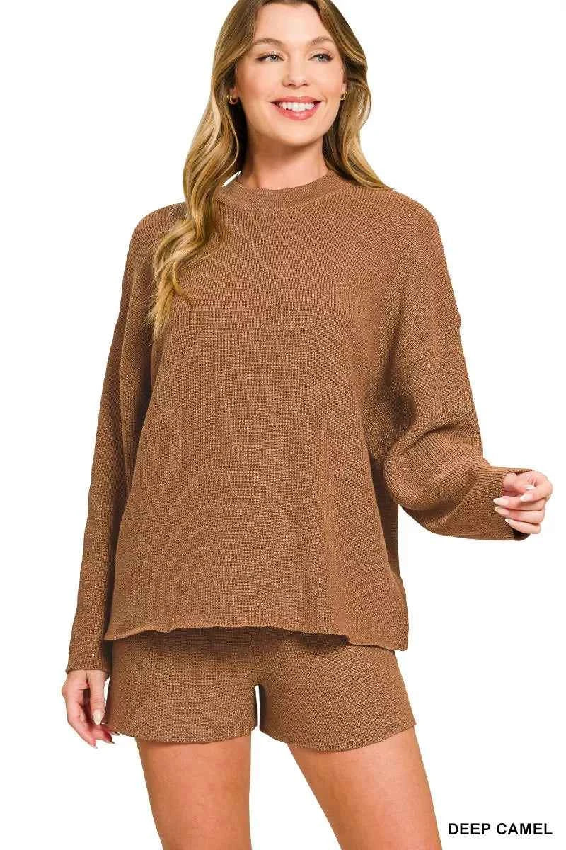 Zenana Round Neck Knit Top and Shorts Sweater Set