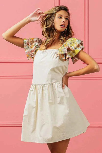 BiBi Flower Embroidered Floral Print Sleeve Dress