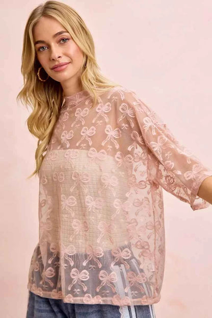 BiBi Bow Pattern Short Sleeves Boxy Mesh Top
