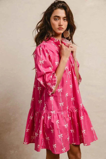 BiBi Ribbon Patterns With Scallops Edge Details Short Sleeve Dress