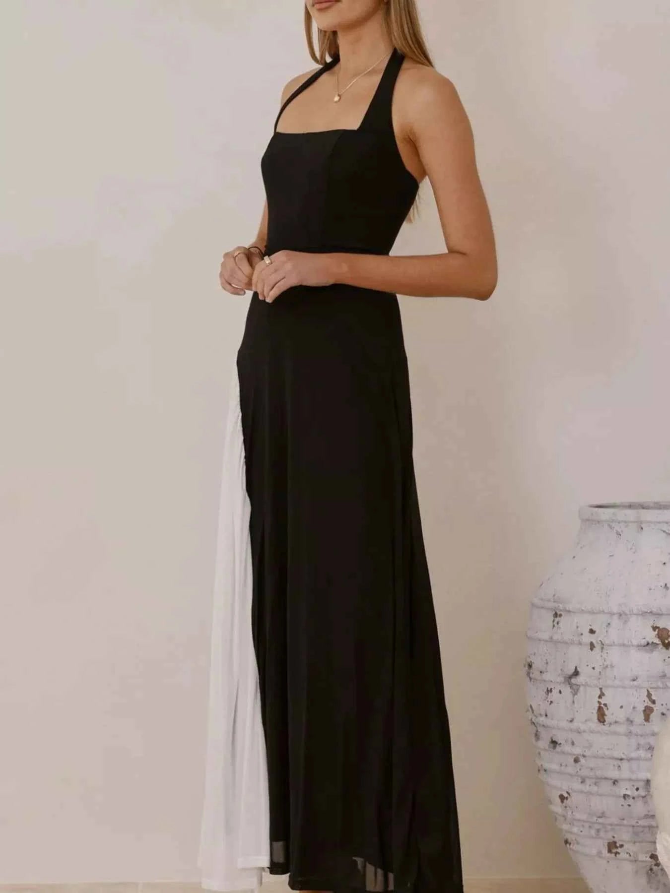 Contrast Halter Neck Maxi Dress
