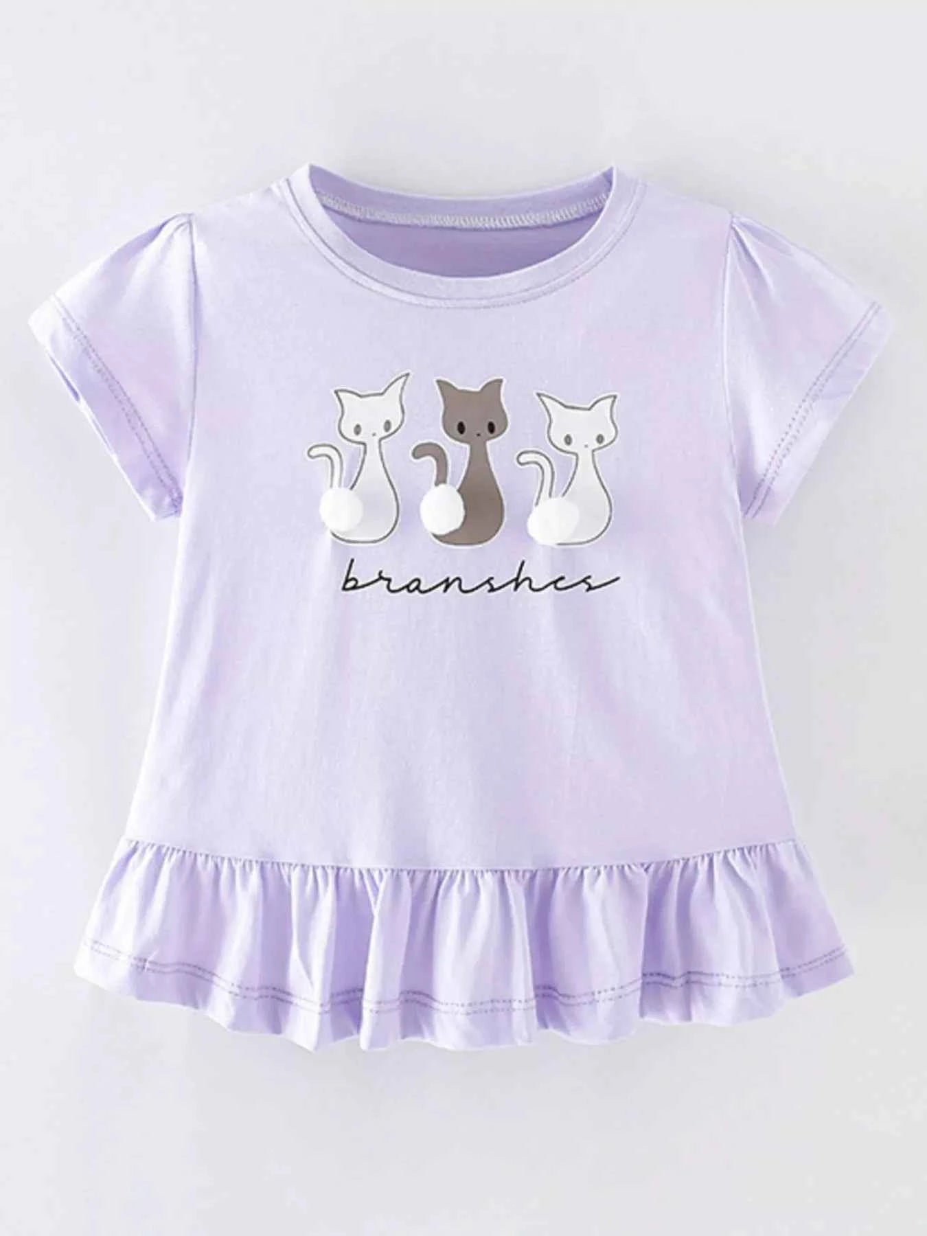 Children's Cats Round Neck Ruffle Hem T-Shirt