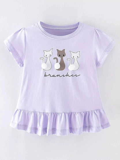 Children's Cats Round Neck Ruffle Hem T-Shirt