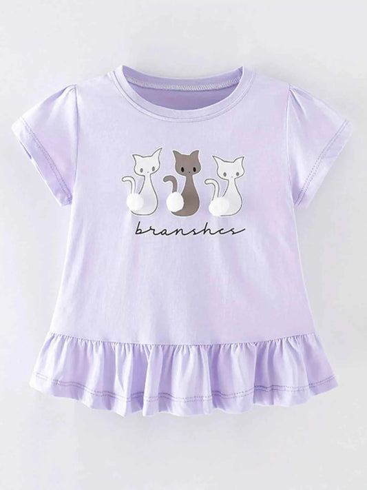Children's Cats Round Neck Ruffle Hem T-Shirt