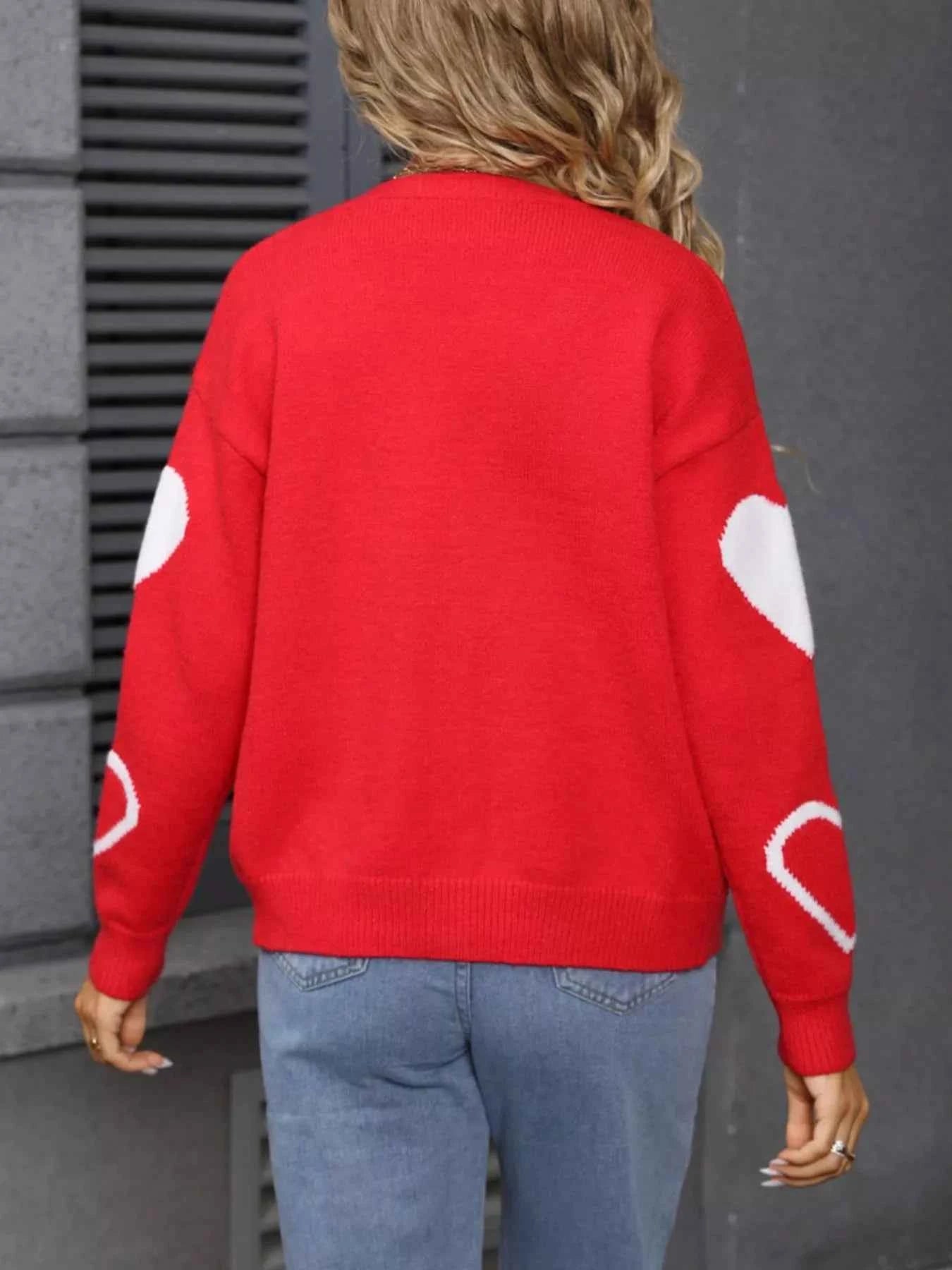 Valentine's Day Heart Pattern Button-Up Knit Cardigan