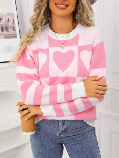 Heart Pattern Checkerboard Knit Sweater
