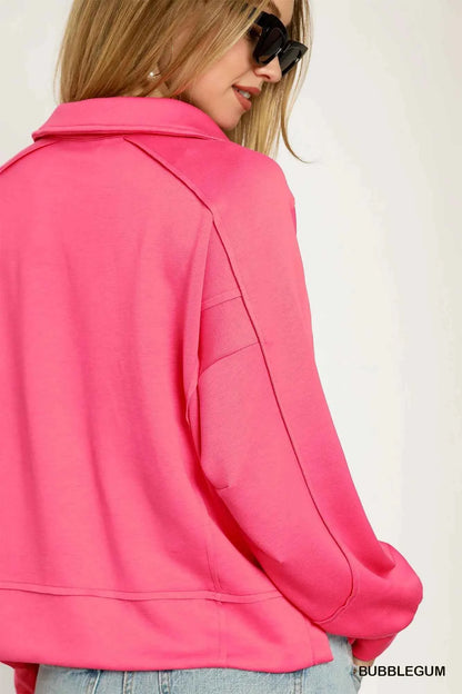 Umgee Exposed Seam Long Sleeve Polo Top with Side Slit