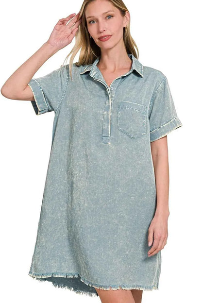 Zenana Tencel Mineral Washed Collared Shirts Dress