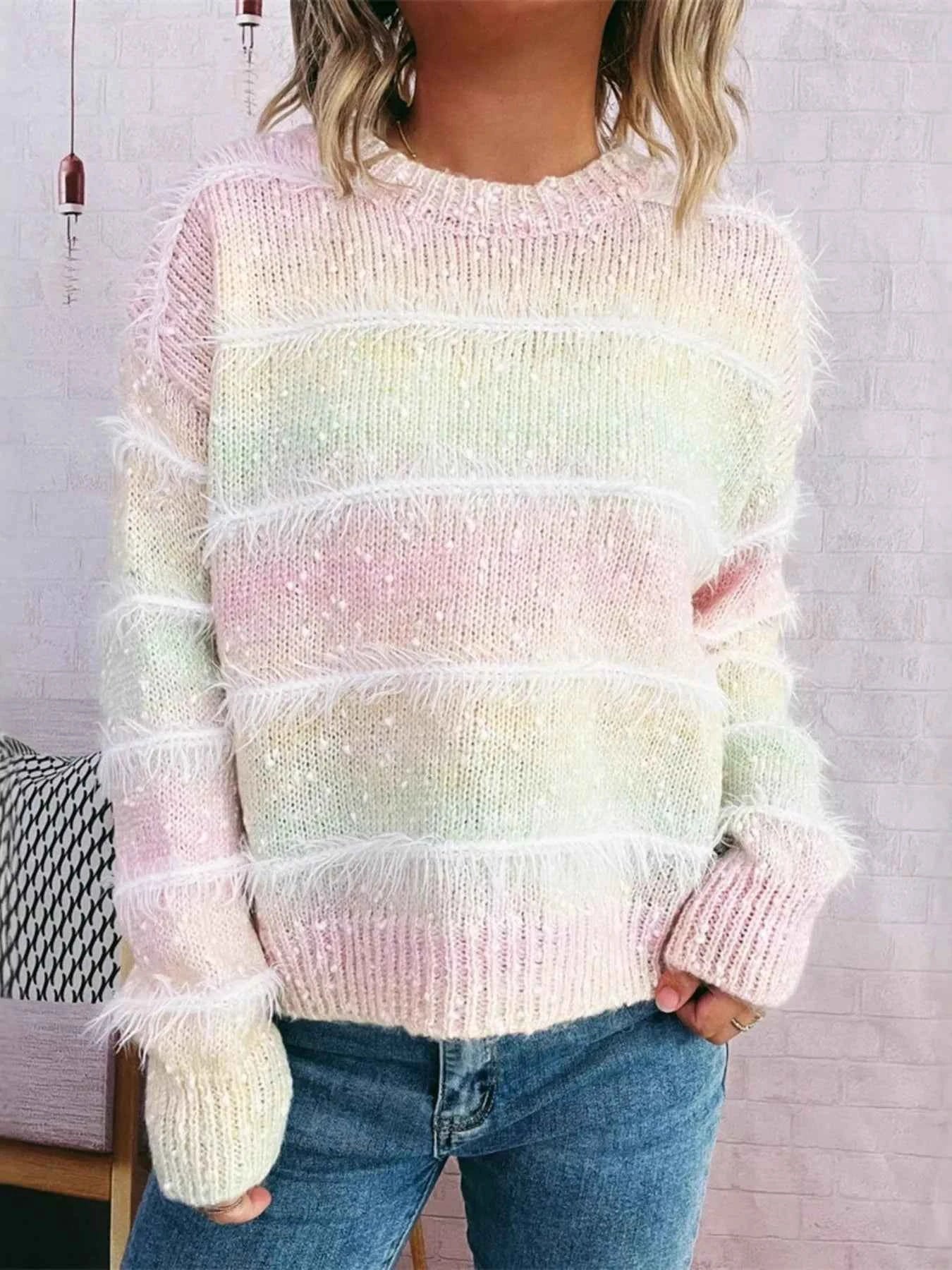 Gradient Striped Round Neck Sweater