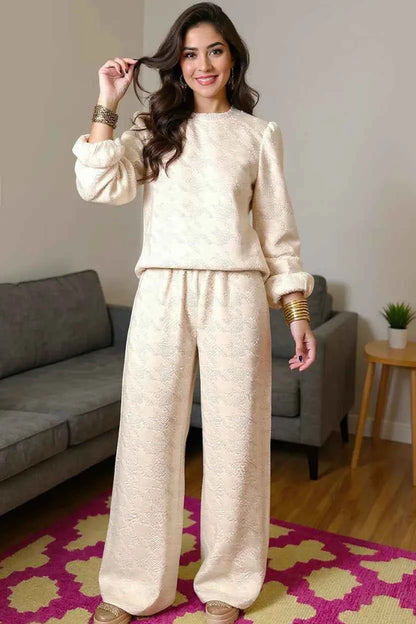 Double Take Texture Long Sleeve Top and Wide Leg Pants Set