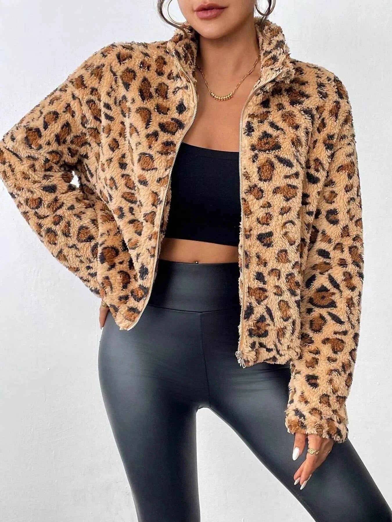 Leopard Fuzzy Zip-Up Jacket