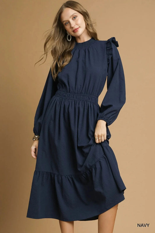Umgee Textured Midi Dress with Ruffle Shoulder Detail