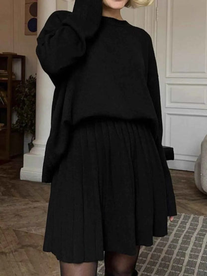 Round Neck Top and Pleated Skirt Sweater Set