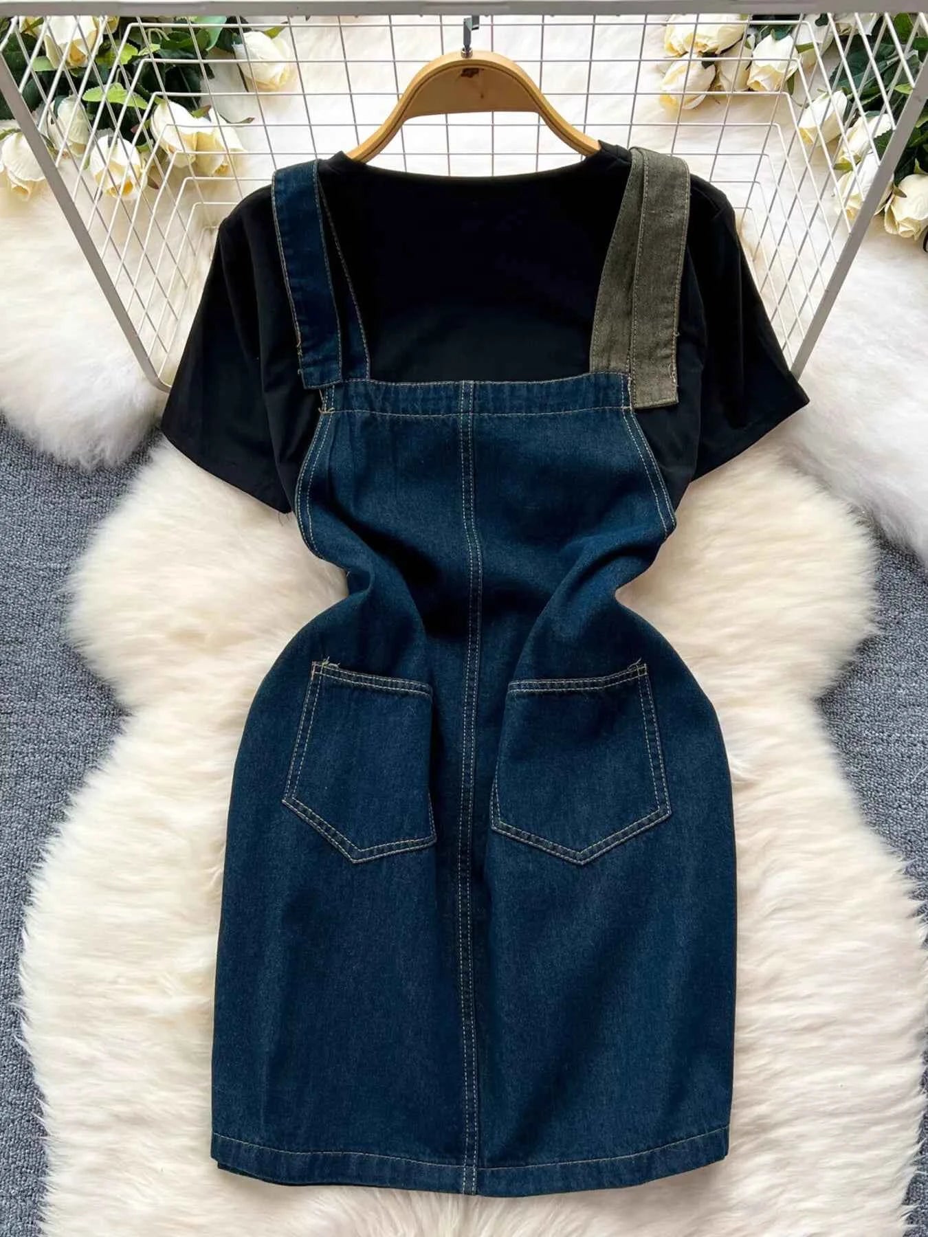 Short Sleeve T-Shirt and Denim Overall Dress Set