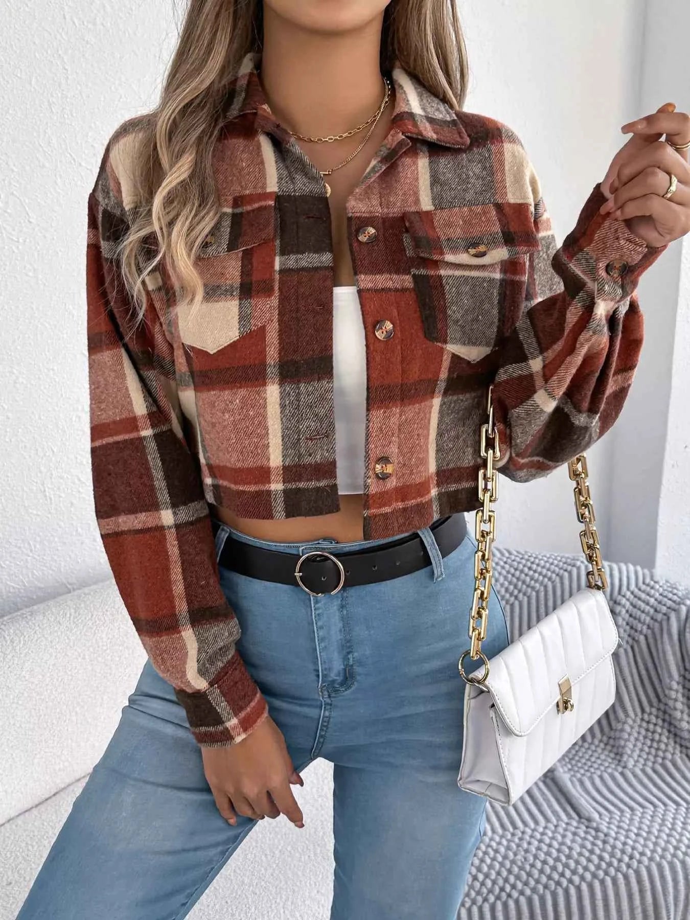 Plaid Button Up Cropped Jacket