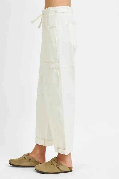 RISEN Full Size High Rise Crop Wide Barrel Cargo Pocket Jeans Plus Size