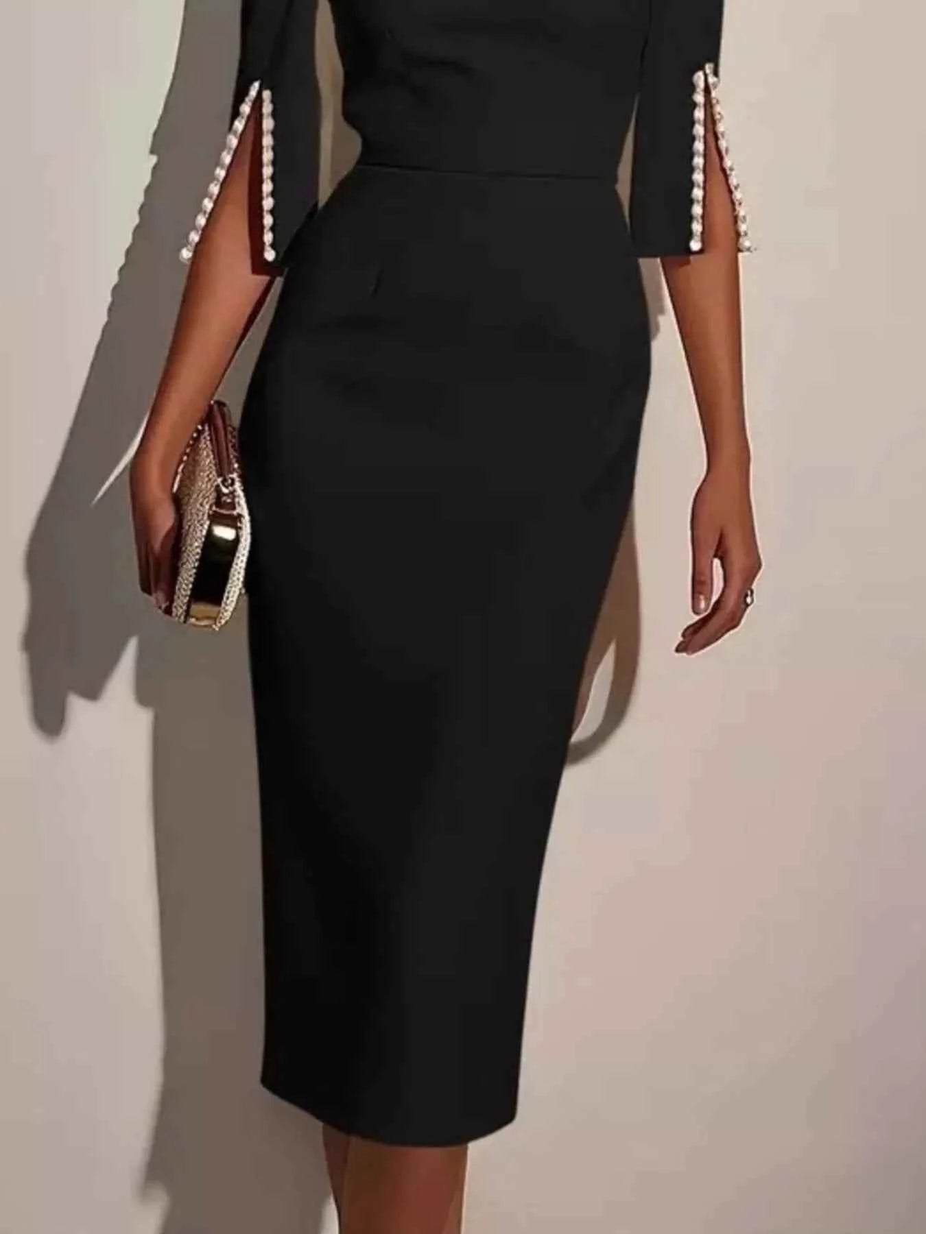Slim-Fit Elegant Midi Dress with Beaded Slit Sleeve