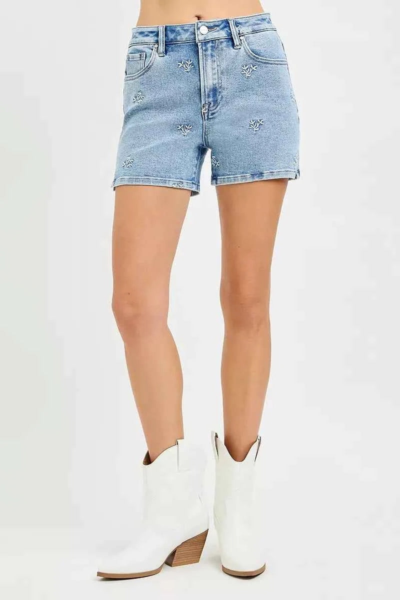 RISEN High Rise Denim Shorts with Embroidered Detail