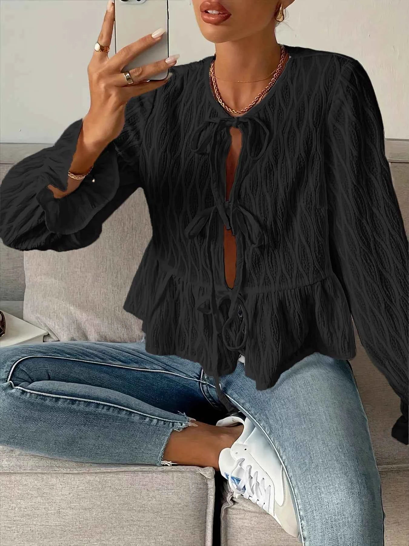 Tie Front Flounce Sleeve Blouse