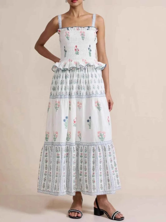 Bohemian Floral Print Smocked Tiered Maxi Dress