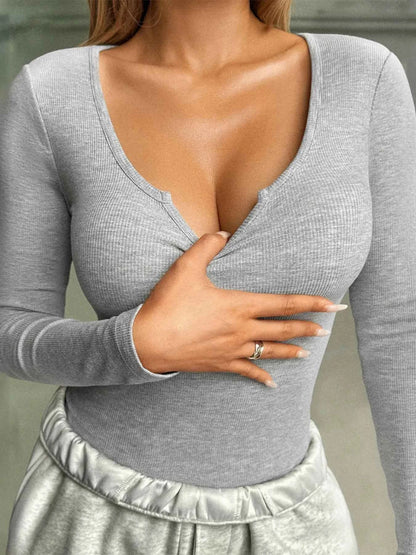 Ribbed Knit Long Sleeve Fitted T-Shirt