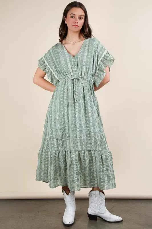 VERY J Embroidered Boho Ruffled Midi Dress