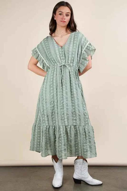 VERY J Embroidered Boho Ruffled Midi Dress
