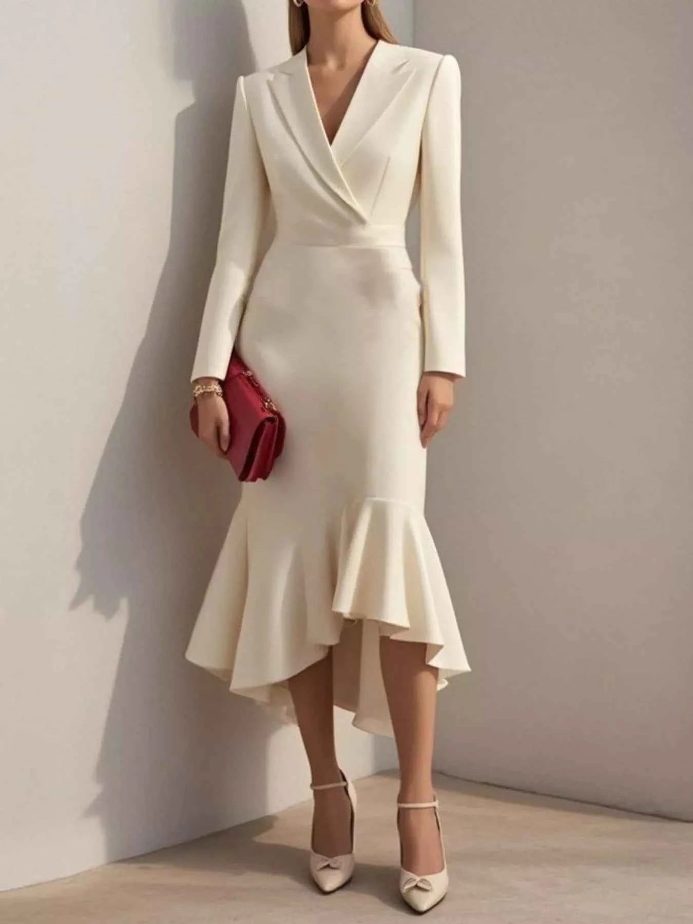 Ruffled Hem Long Sleeve Midi Blazer Dress