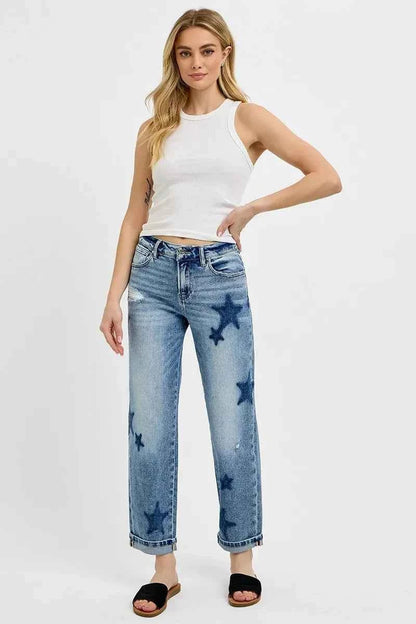 RISEN Full Size Mid Rise Boyfriend Star Shadow Detail Cuffed Jeans Plus Size