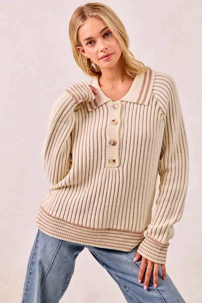 BiBi Half Button Ribbed Two Tone Sweater