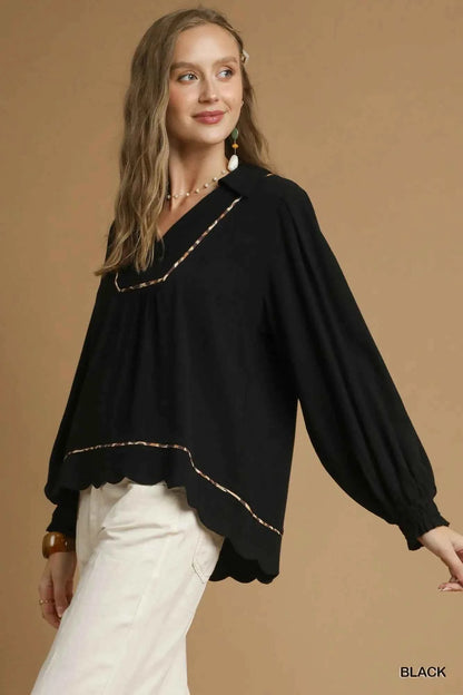 Umgee Full Size Linen Scallop Hem Blouse with Contrast Trim Plus Size