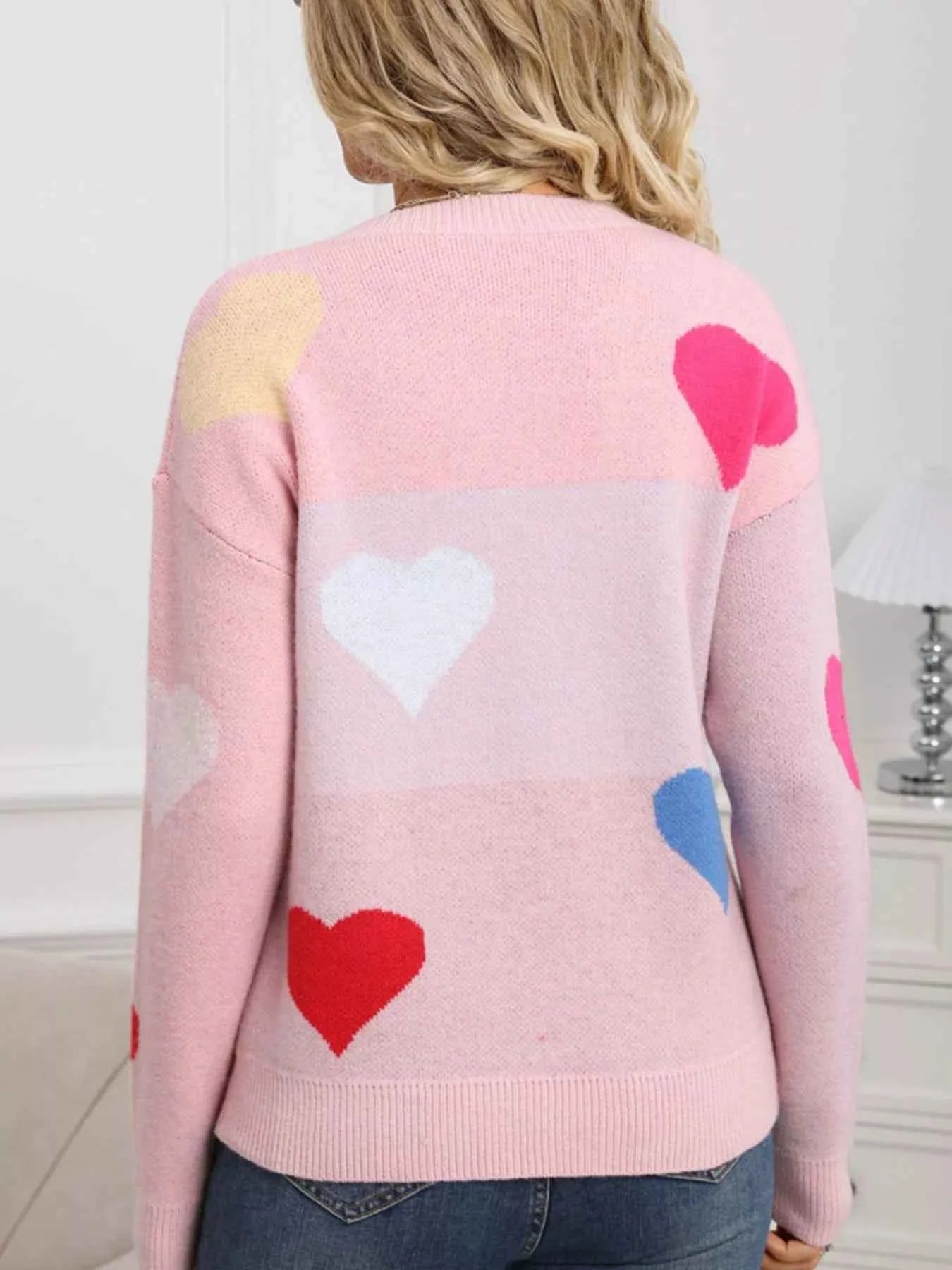 Valentine's Day Heart Round Neck Dropped Shoulder Sweater