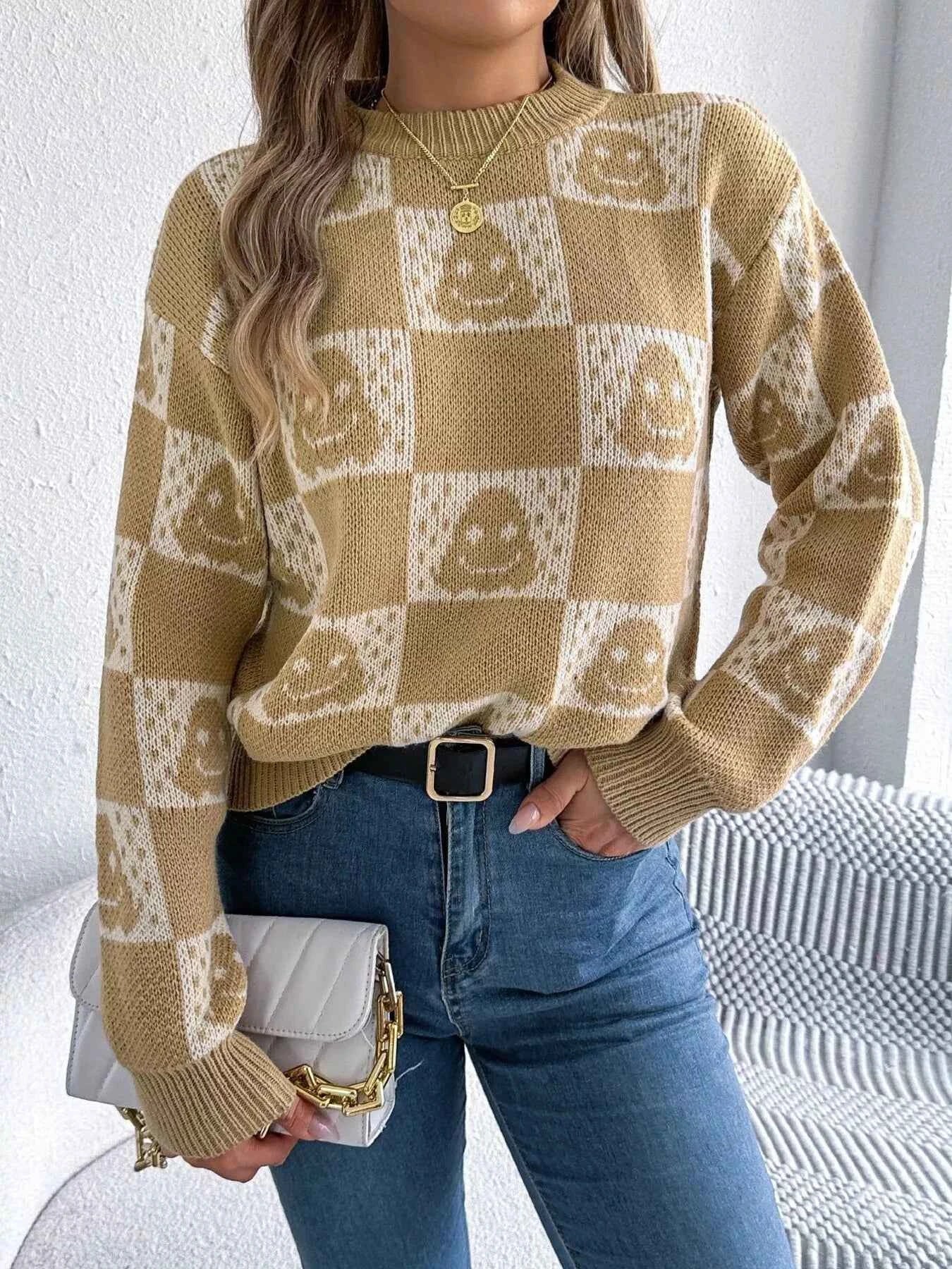 Halloween Ghost Pattern Checkered Round Neck Sweater