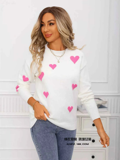 Valentine's Day Heart Print Round Neck Sweater