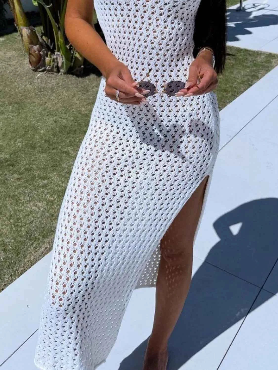 Openwork Slit Scoop Neck Sweater Dress