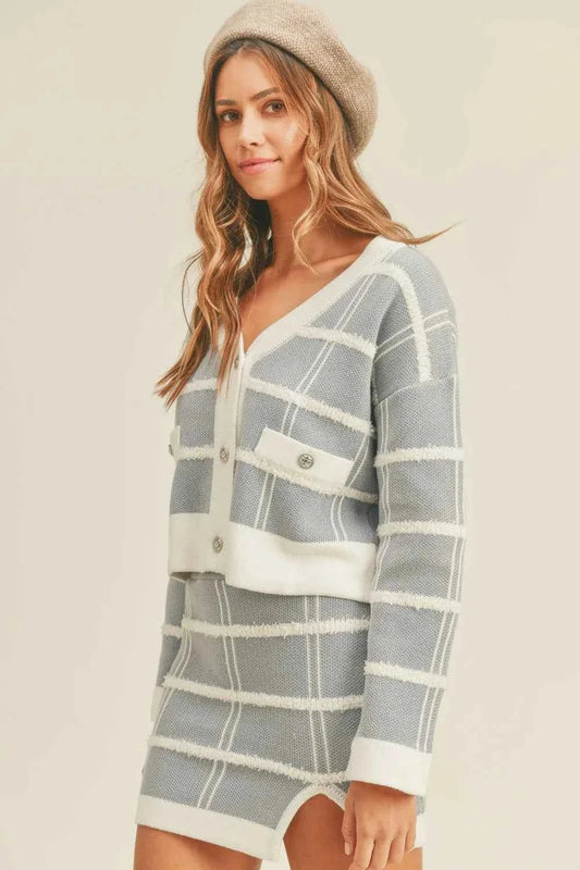 MABLE Plaid Button Down Sweater Cardigan and Mini Skirt Set