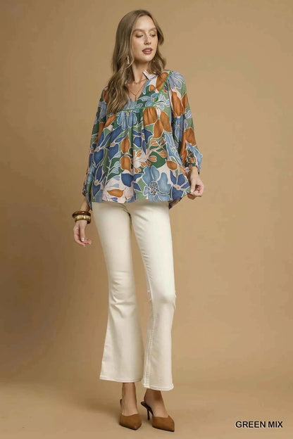 Umgee Multicolor Abstract Floral Print Blouse with Ruffle Neck