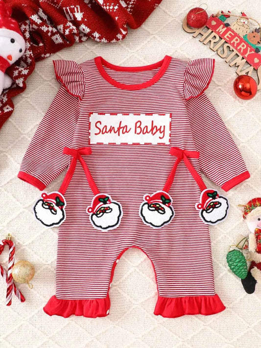 Children's Christmas-Themed Striped Snapped Legs Jumpsuit