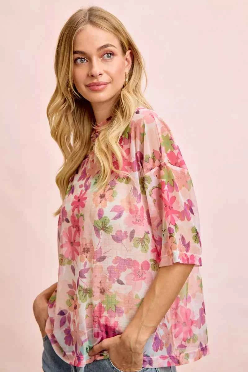 BiBi Floral Print Short Sleeves Boxy Mesh Top
