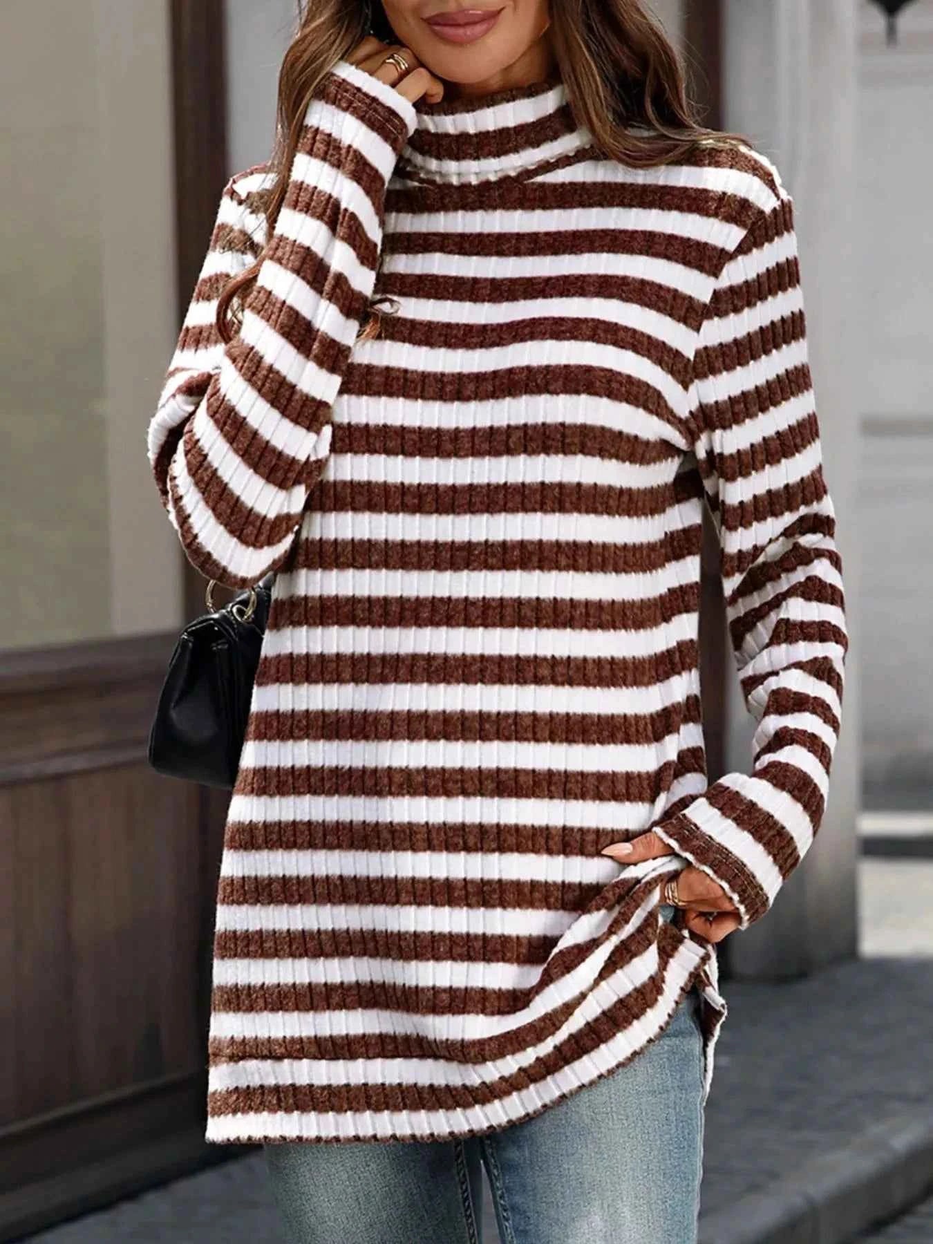 Striped Turtleneck Long Sleeve Knit Top