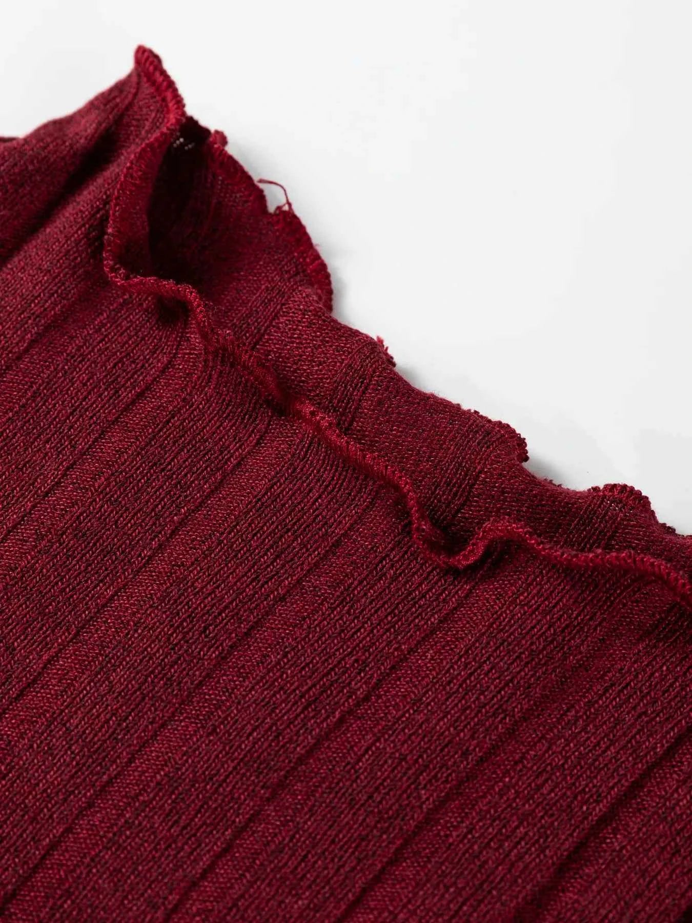 Frilled Neck Ribbed Knit Patchwork Long Sleeve Mini Dress