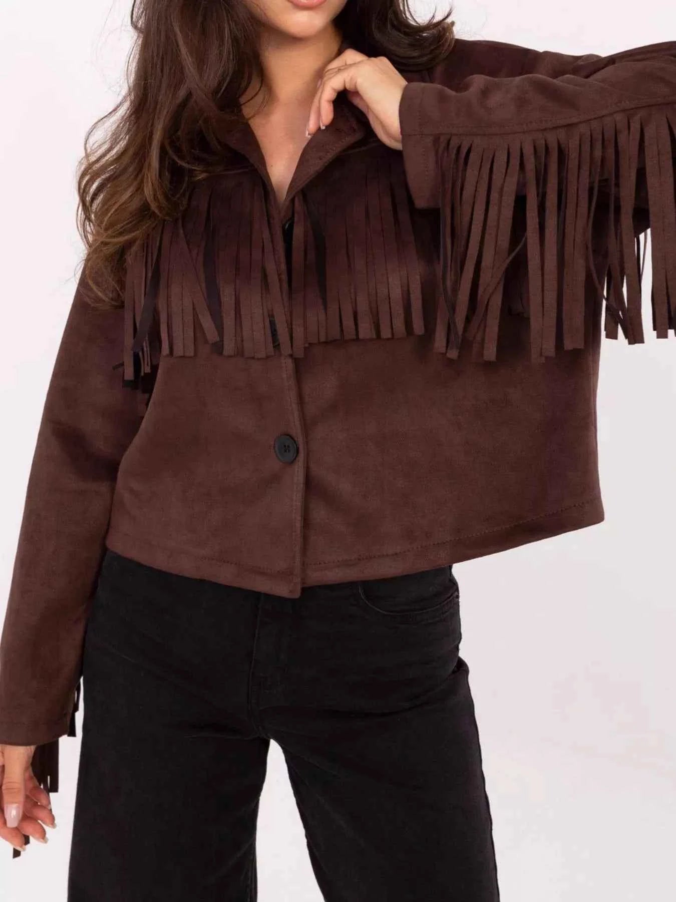 Fringe Button Up Suede Jacket