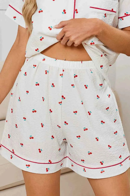 Cheery Print Collared Neck Top and Shorts Lounge Set
