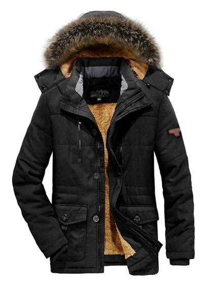 Men's Plus Size Zip Up Long Sleeve Puffer Coat with Faux Fur Hood