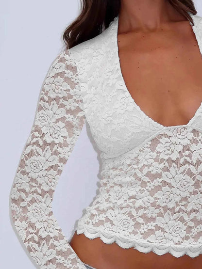 Floral Lace Long Sleeve Deep V-Neck Blouse with Scalloped Hem