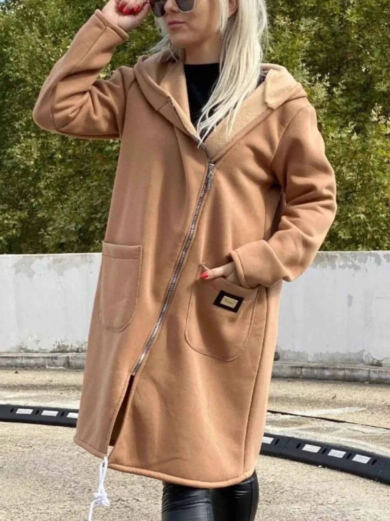 Full Size Asymmetrical Zip-Up Hooded Fleece Outerwear Plus Size