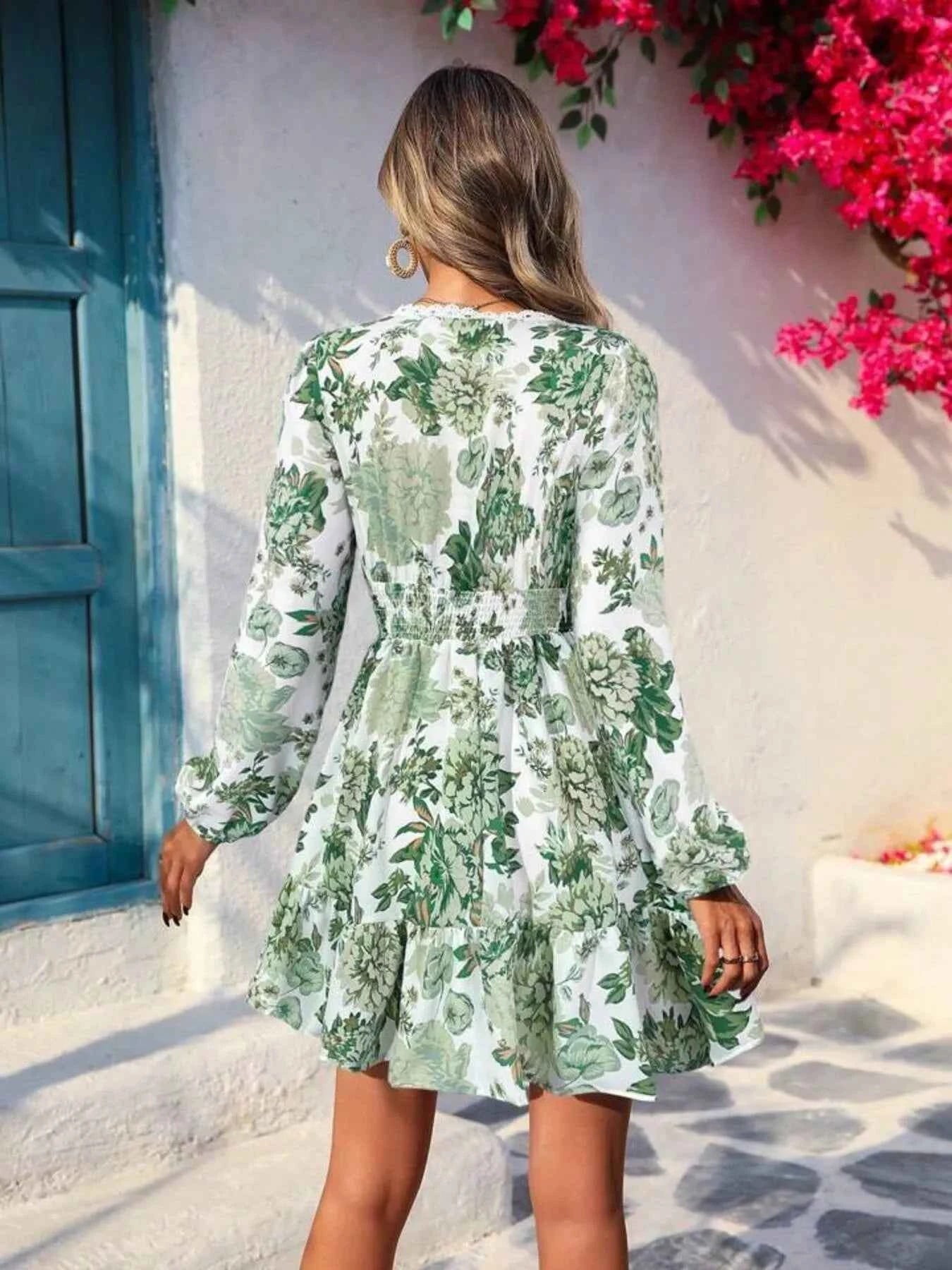 Full Size Floral Print V-Neck Long Sleeve Ruffle Hem Mini Dress Plus Size