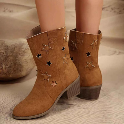 Star Cutout Block Heels Boots