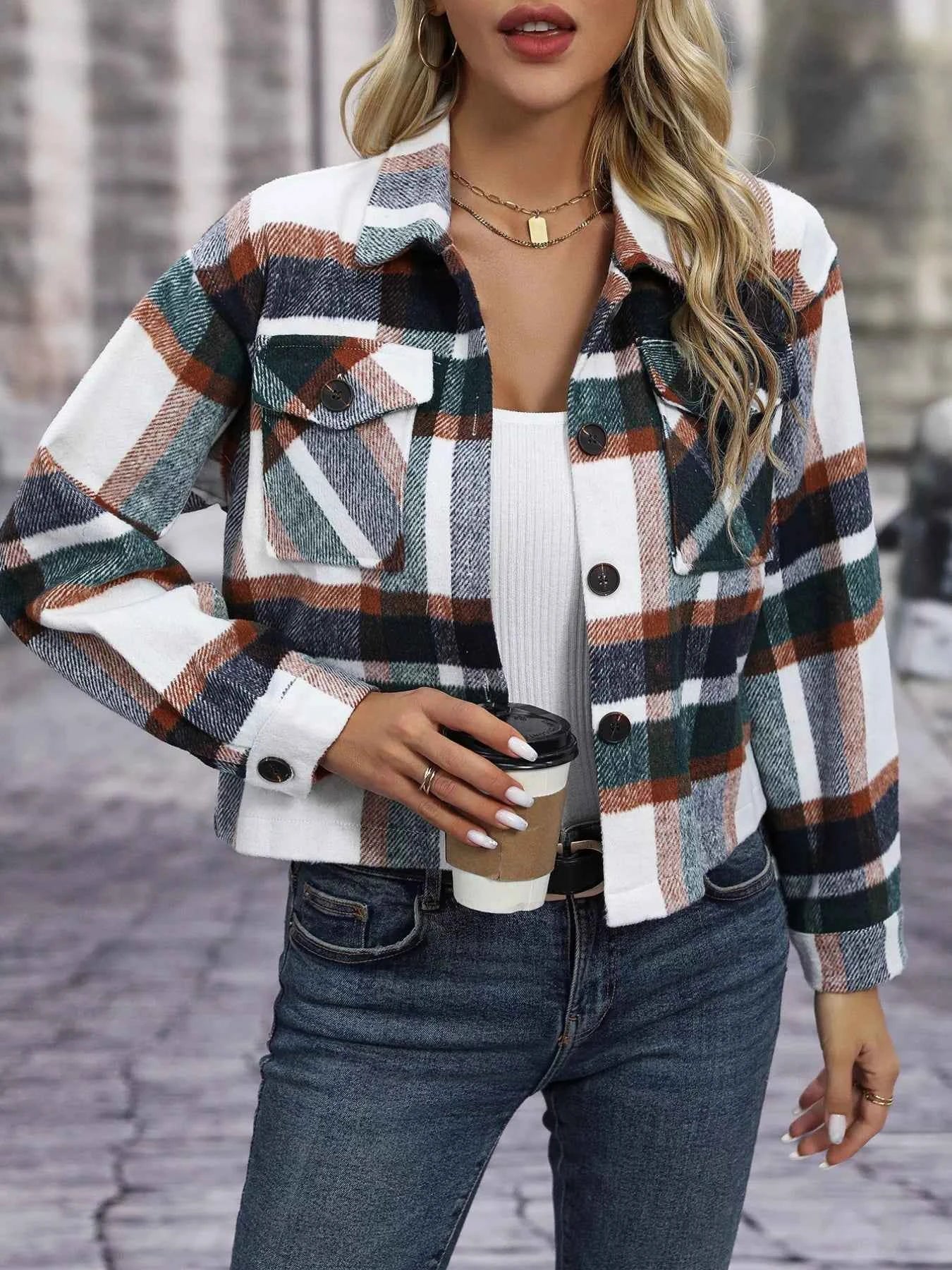 Plaid Oversized Button-Up Cropped Jacket